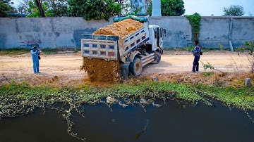 Starting a New Project! Landfill on Flooded Garbage Pond by Strong Dozer & 5Ton Truck Pushing Stone