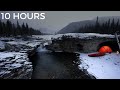 Campfire near Winter Waterfall | Stream Water Sounds, Cold Wind & Crackling Fire Sounds for Sleeping