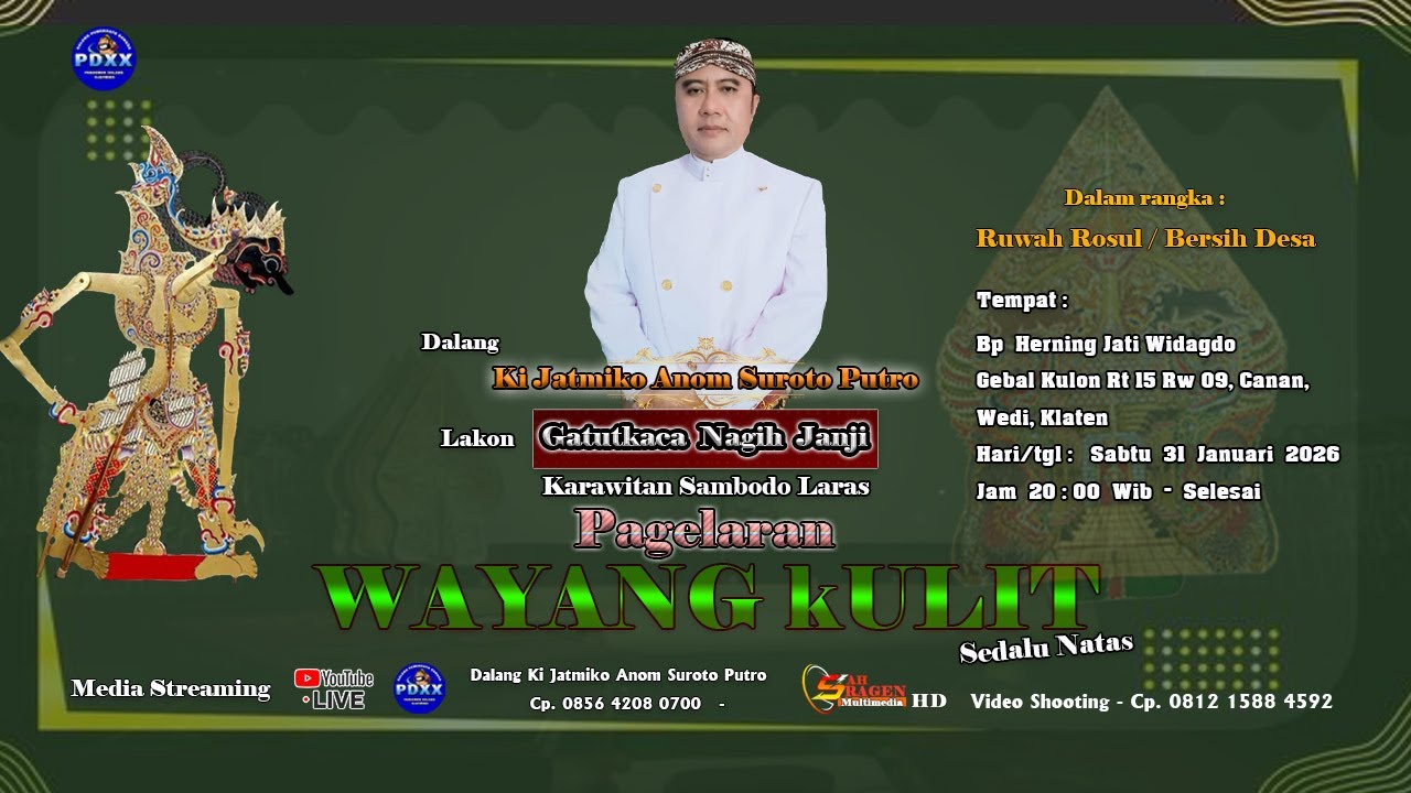 [ LIVE ] WAYANG KULIT || DALANG KI JATMIKO ANOM SUROTO PUTRO || GATUTKACA NAGI JANJI || 31 JAN 2026