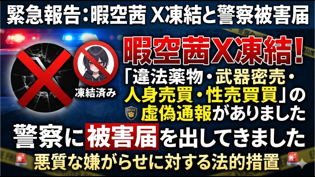暇空茜 X凍結! 「違法薬物・武器密売・人身売買・性売買」の虚偽通報がありました 警察に被害届を出してきました