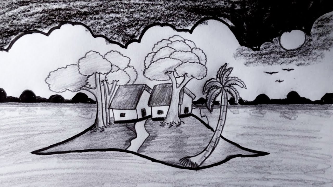 how to draw a village scenery || pencil sketch tutorial step by step ...