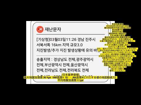 韓国地震情報 慶尚南道晋州市西北西16km地域でM3.0地震発生 韓国KMA最大震度IV(4)·日本JMA最大震度3