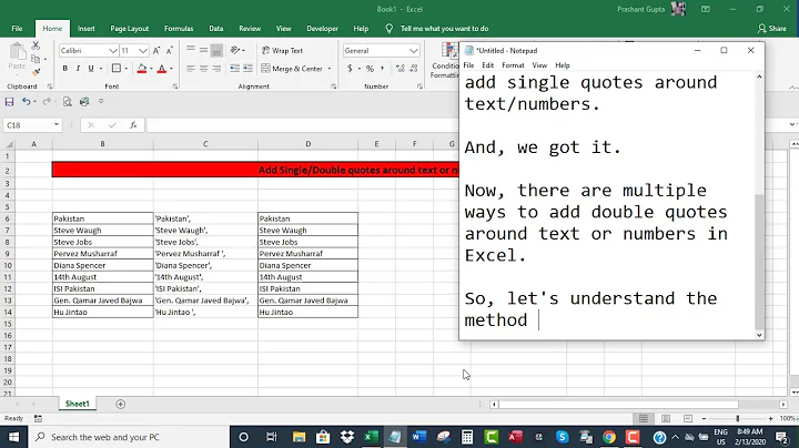 Add single/double quotes around text/numbers in Excel