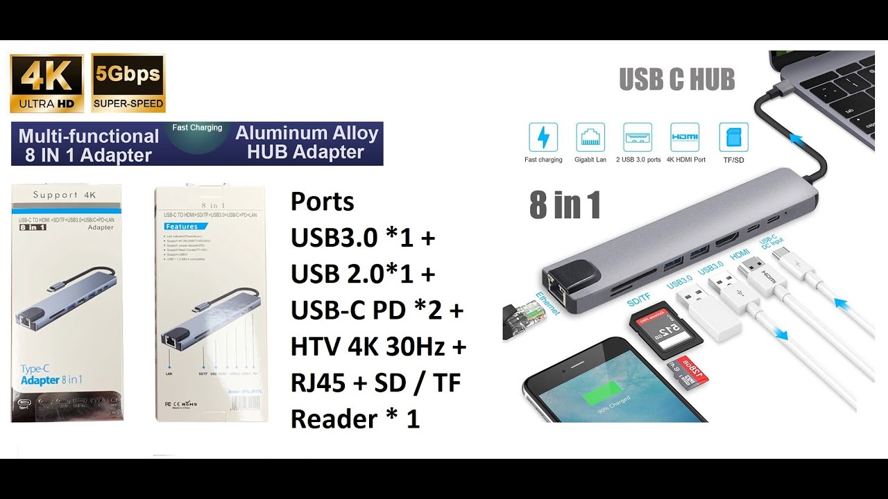 Hiearcool USB C Hub Ethernet,4K@60Hz USB C HDMI Adapter,8 IN1 Multi-Port  Type