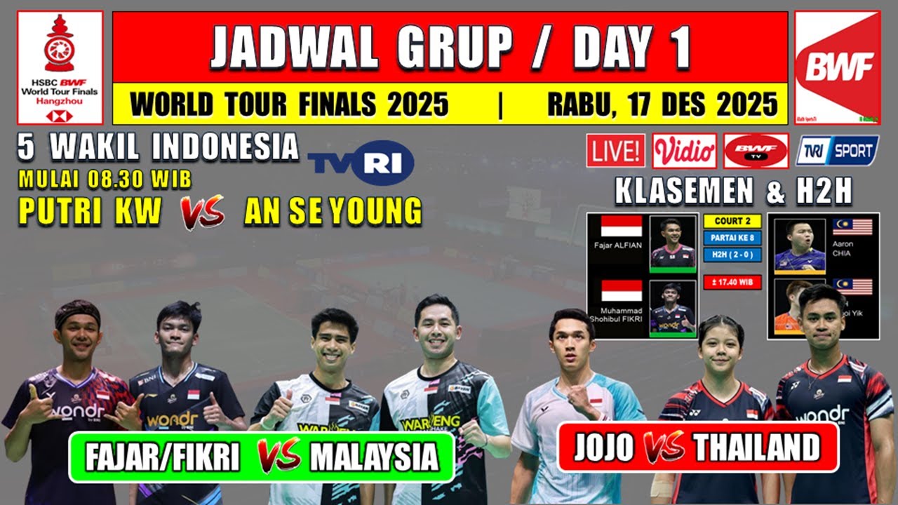 Jadwal BWF World Tour Finals 2025 Day 1 ~ FAJAR/FIKRI vs MALAYSIA ~ JOJO vs THAILAND ~ 5 WAKIL INA