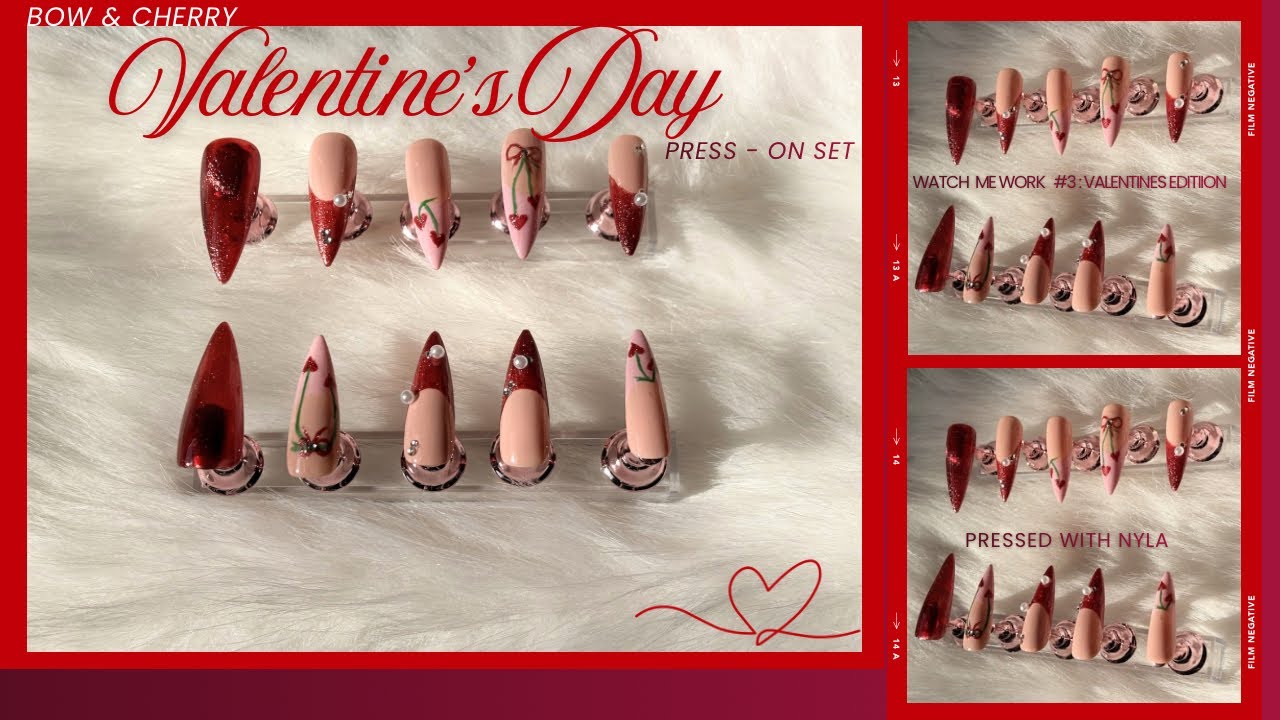 Bow & Cherry Valentines Press - On Set | Make some stiletto press - ons with me!🍒💞