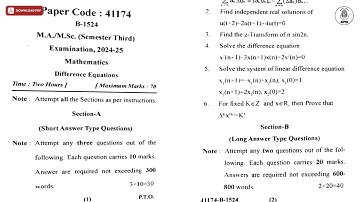 MA MSC 3RD SEM MATHEMATICS DIFFERENCE EQUATIONS 2025 | MJPRU