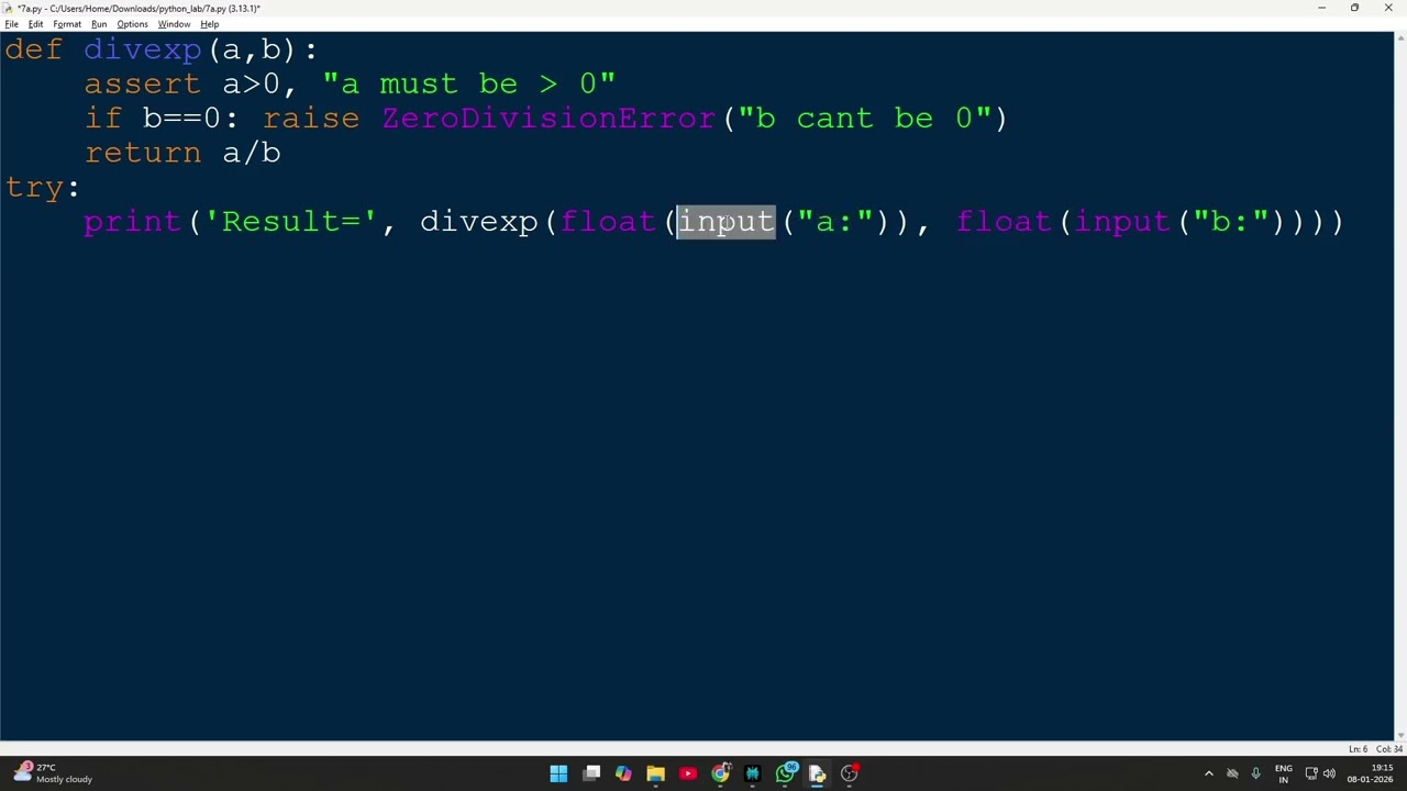 Python Function with Assertion and Exception Handling | VTU Q7 | 1BPLC105B