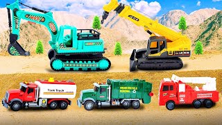 Rescue the truck from the pit with excavator and crane truck | Police car toy stories | Mega Trucks