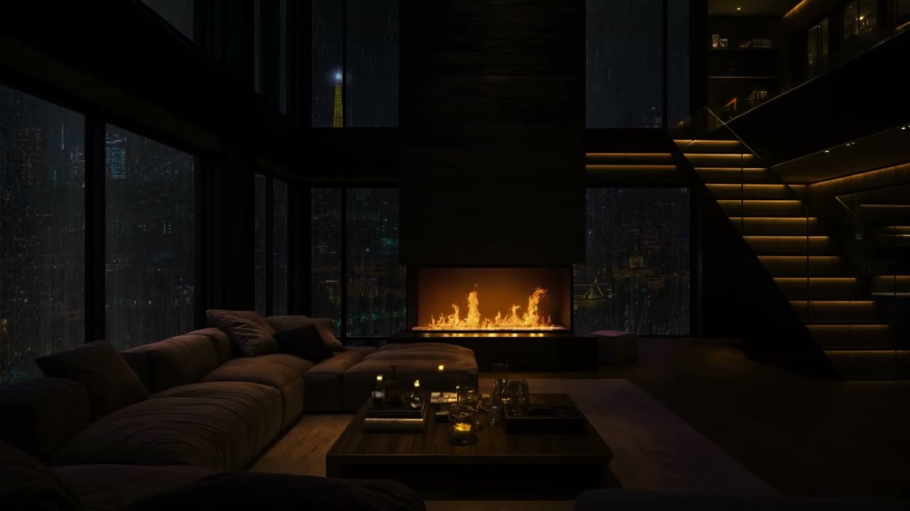 Rainy Night in Luxury NYC Apartment | Wind, Rain Sounds and Cozy Fireplace for Fall Asleep