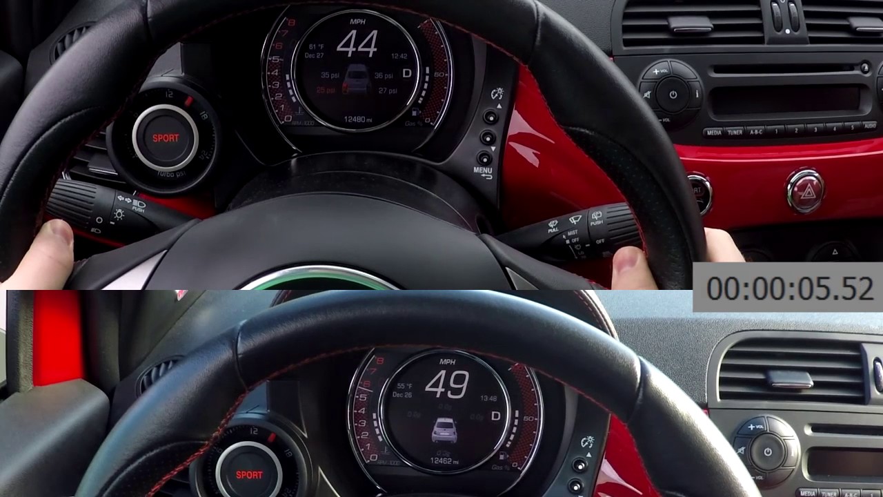 Zero-sixty runs in a Fiat Abarth, before/after cold air intake and lightweight pulley