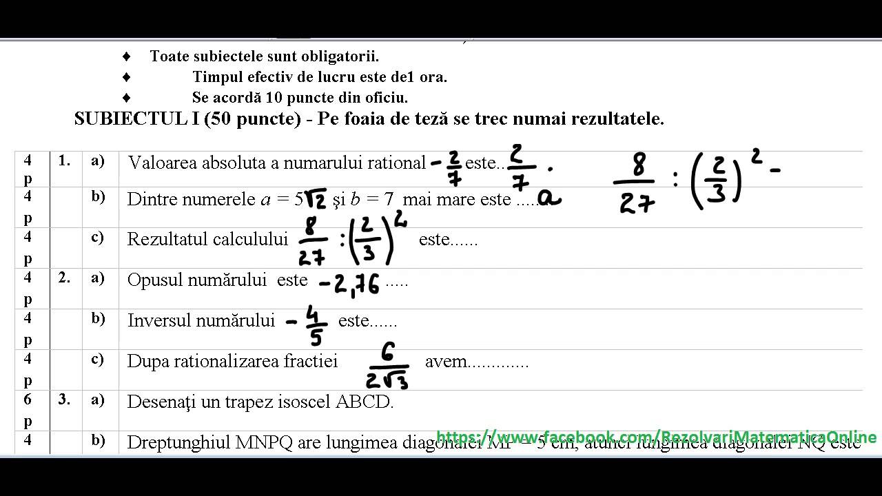 Clasa A Vii A Teza La Matematica Semestrul I Model 1