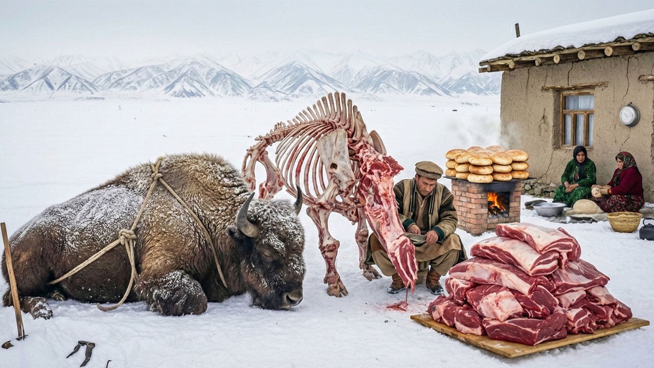 Afghanistan Winter Survival | Bison Hunting, Grilling Meat, Cooking with Family | Part 3