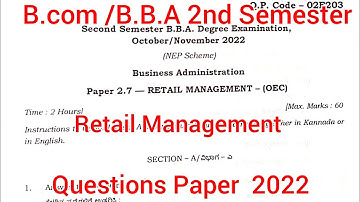 B.COM, B.B.A, 2nd Semister Retail Management Questions Paper 2022. Tumkur University.