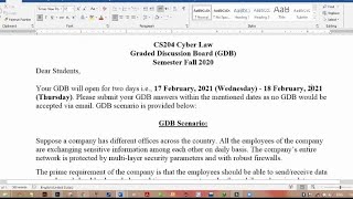 CS204 GDB  1 correct Solution 2021 || Cyber Law (CS204) GDB 18 Februry 2021