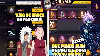 TUDO DE GRAÇA DA PARCERIA COM NARUTO, ONE PUNCH D VOLTA EM 2025 COM NOVAS SKINS? NOVIDADES FREE FIRE