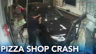 Video shows teacher crashing into pizza shop