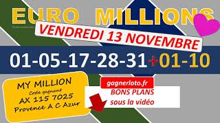 EUROMILLIONS TIRAGE  VENDREDI 13 NOVEMBRE 2020