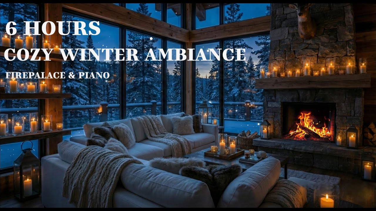 6 Hours Cozy Winter Cabin Ambiance - Relaxing Piano Music & Crackling Fireplace - Snowing Outside