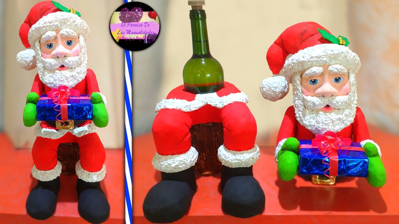 Diy Porta botella navideño de vino o licor en forma de papa Noel sentado con material reciclado Diy Porta botella navideño de vino o licor en forma de papa Noel sentado con material reciclado