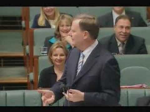 One of many classic laughing moments by Federal Treasurer Peter Costello, who makes jokes about an ALP member who should put a brown paper bag over his head. Federal Parliament 2pm sitting 13/8/2007 Peter Costello has resigned after the Liberal election defeat, and will be missed by those who enjoyed his many laughing moments in Parliament.