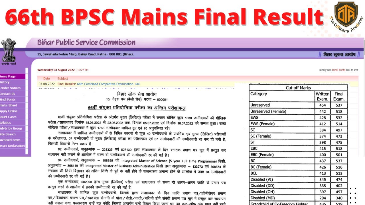 66th bpsc final result out 66th bpsc mains cut off 66 