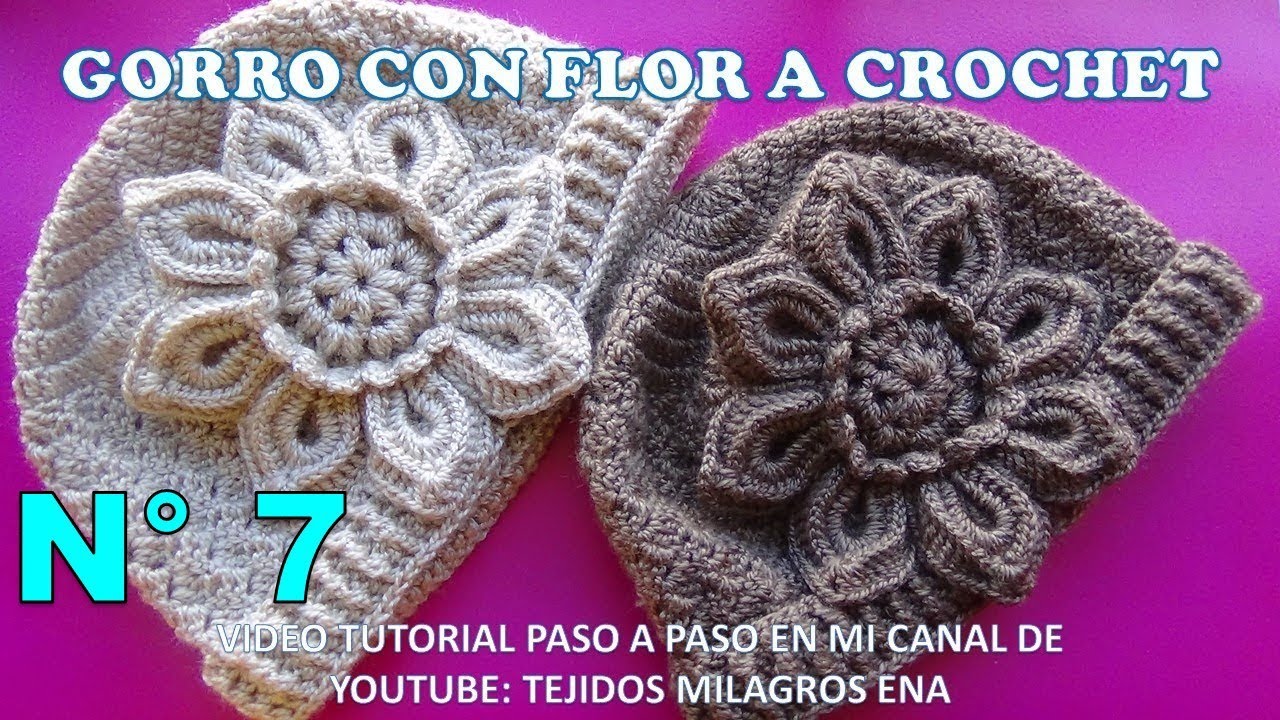 Como tejer el Gorro N° 7 a crochet con Flor en punto escalera para bebes, niñas y damas paso a paso