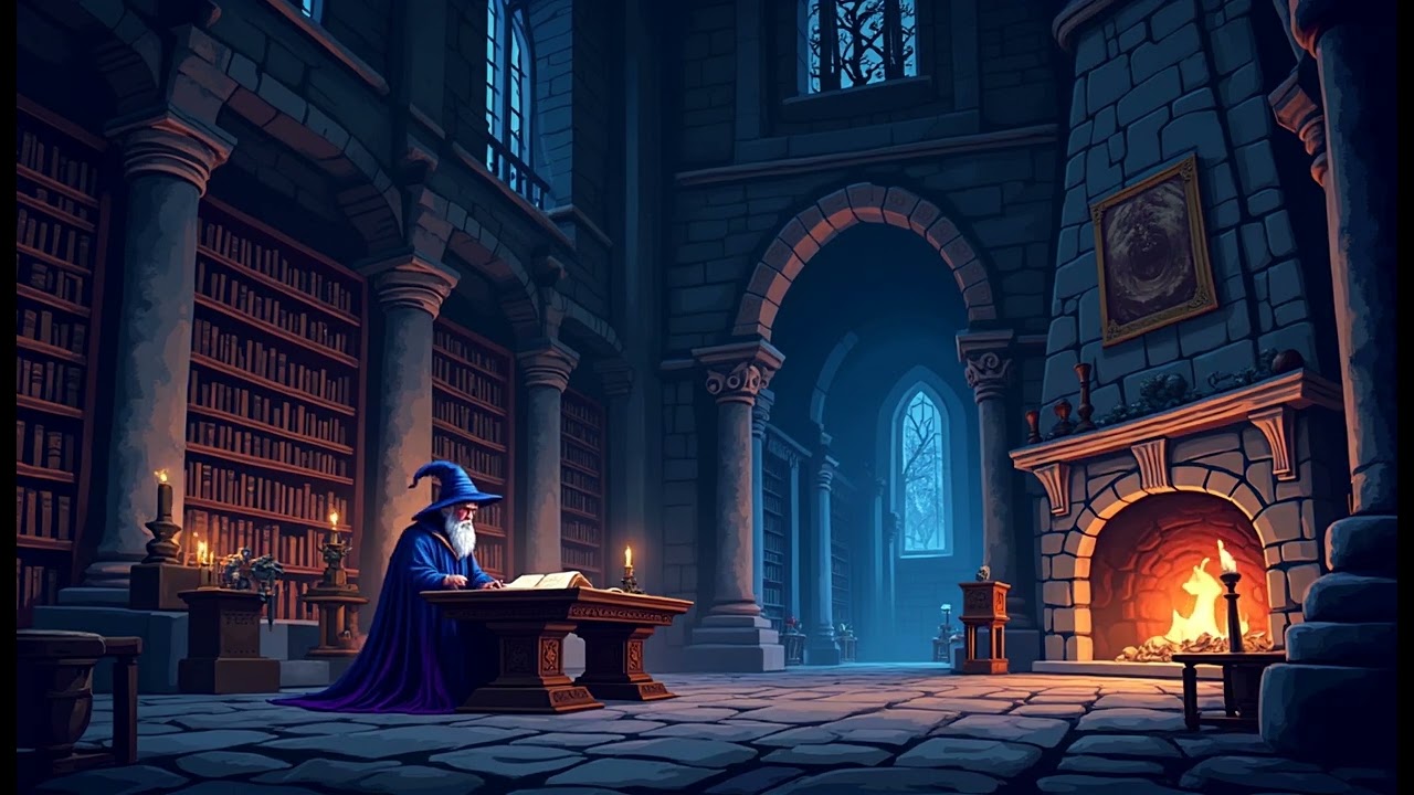 Enchanted Library Ambience | Cozy Fireplace & Relaxing Music for Studying, Reading & Sleeping
