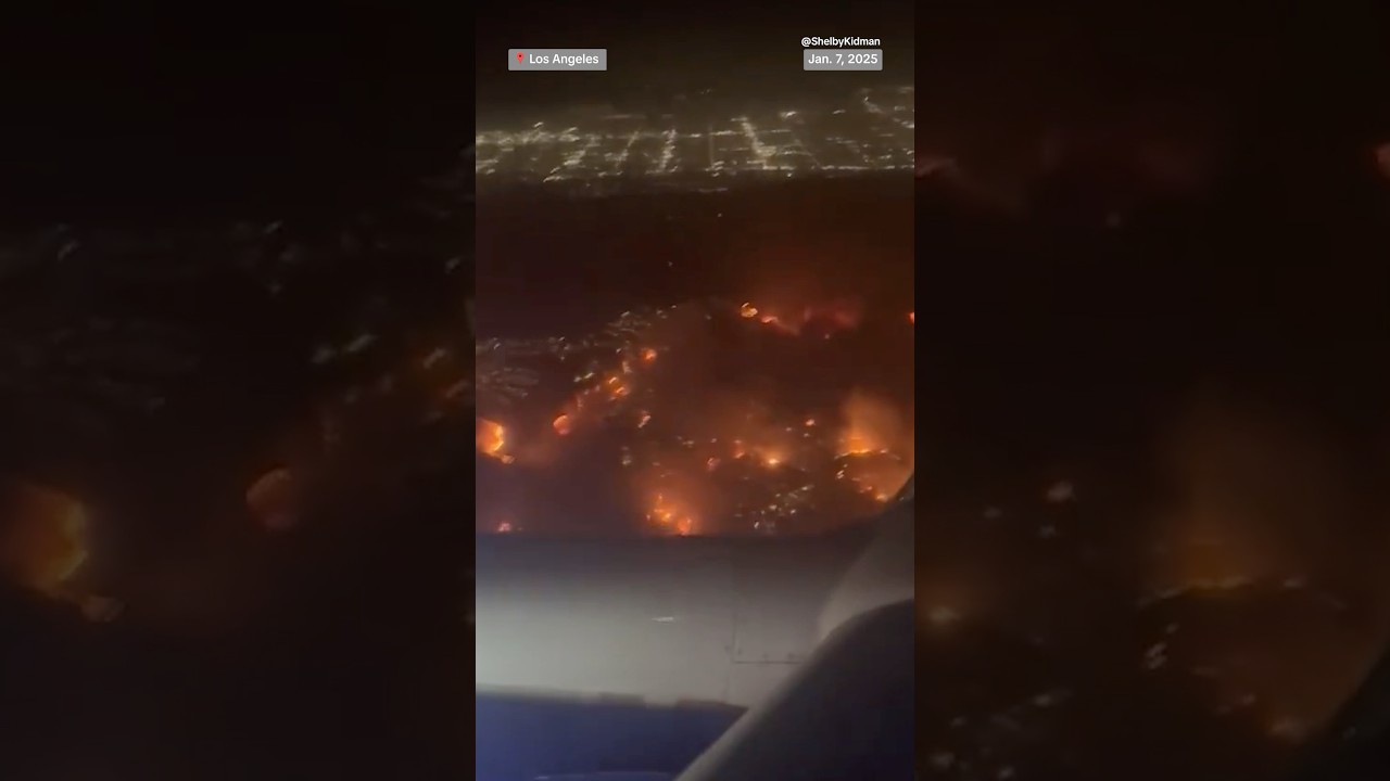 Video shot from a plane flying over Los Angeles shows the path of fast-moving wildfires. Video shot from a plane flying over Los Angeles shows the path of fast-moving wildfires.