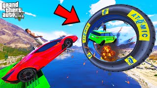 FRANKLIN TRIED IMPOSSIBLE BURNING TYRE MEGA RAMP PARKOUR CHALLENGE GTA 5 | SHINCHAN and CHOP