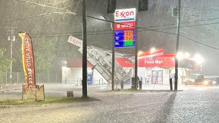 Gas station awning damaged during severe storms in Dalton