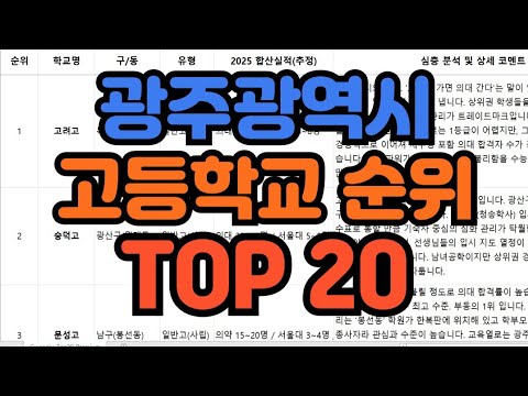 [고등학교 순위] 광주광역시 고등학교 순위 TOP 20 / 고려고 숭덕고 문성고 서석고 광주과학 대동고 수피아 대성 광덕고 설월 조대부고 제일고 살레시오 정광 금호 동신 서강 진흥