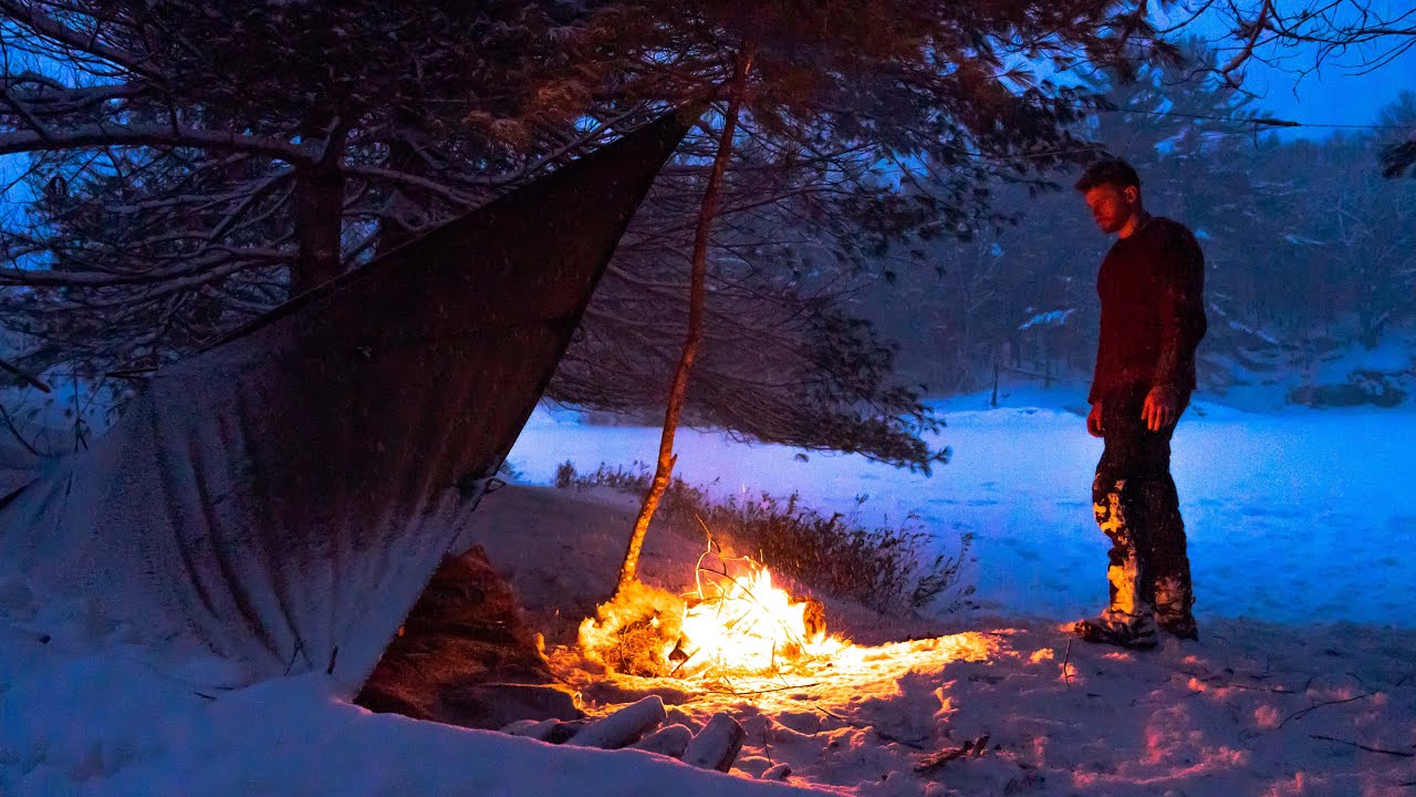 Solo Winter Camping Snowy overnight w/ Tarp YouTube