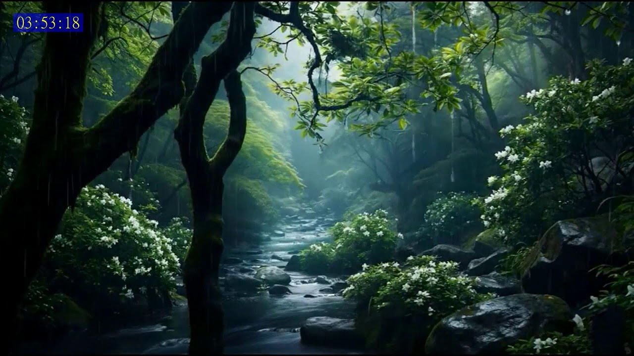 Relaxing Rainfall in a Tropical Forest River for Calm Breathing and Inner Balance