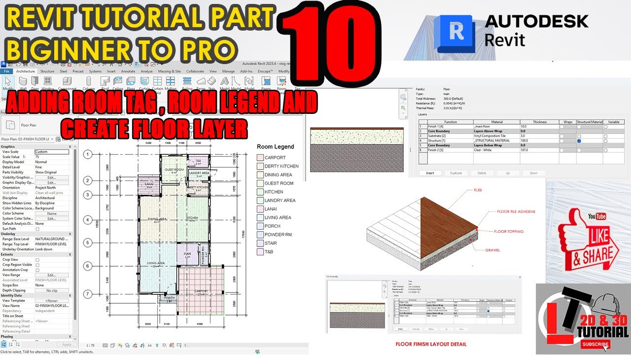 REVIT TUTORIAL PART 10: Create Room tag, Room Legend, Floor layer