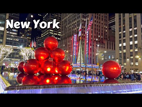 New York Christmas Walk - Saks fifth avenue light show 2021 - Times Square Walk 4k - manhattan USA