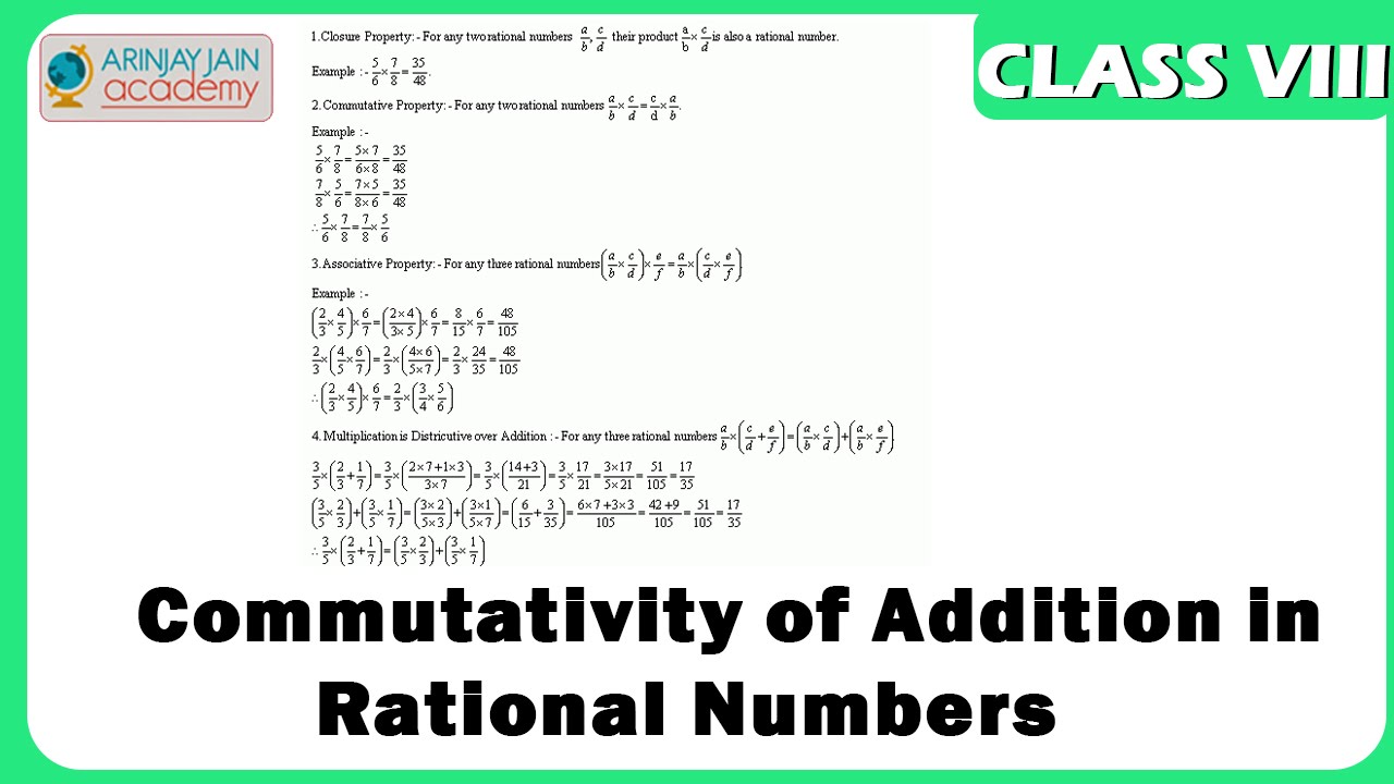 Properties of Rational No - Commutativity of Addition - Number System -  Maths - Class 8/VIII - YouTube