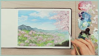 How to Paint a Cherry Blossom Scenery with Acrylics for Beginners | Art Journal Thursday Ep. 37