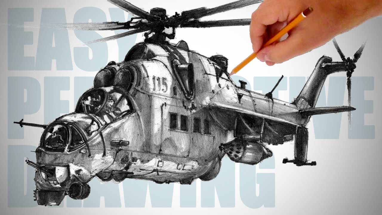 How to draw military helicopter ( Mi24 ) Easy Perspective Drawing 39