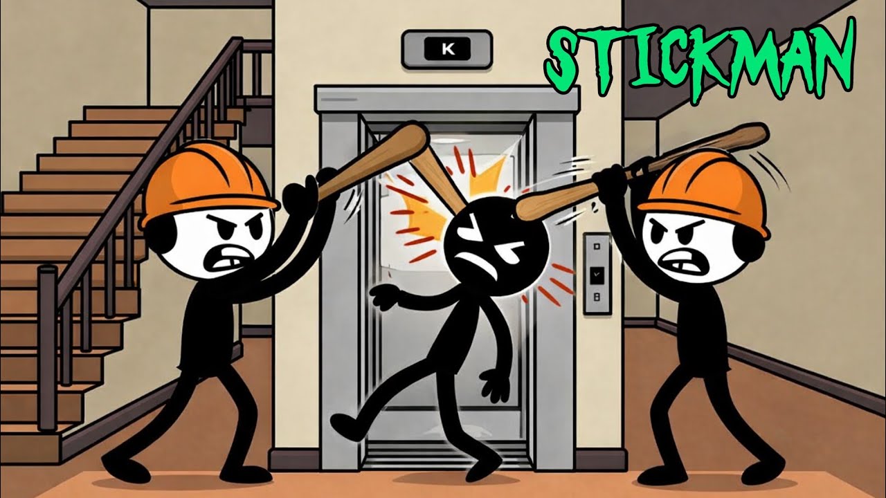 “Stickman Entered the Wrong Elevator… 2 Angry Workers Attacked! 😱”
