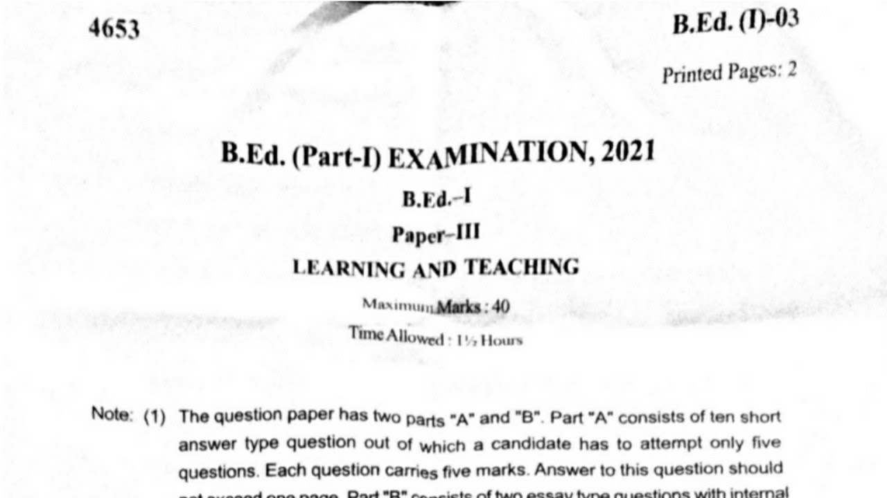 B.Ed 1st Year Learning And Teaching Exam Paper 2021 | B.Ed 1st Year Main Exam 2021 Paper -3