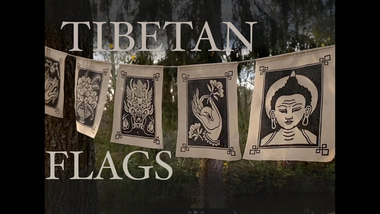 Handmade Flags with Tibetan symbols. Printmaking on textile