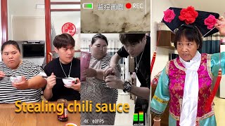 Greedy fat girl and ghost brother were caught on camera stealing Devil Mom's chili sauce!