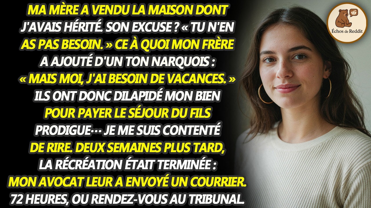 Un après-midi, en rentrant chez moi, j'ai vu une pancarte « Vendue » plantée dans la pelouse de la maison que ma grand-mère m'avait léguée. Des inconnus jetaient ses meubles dans une benne, et ma...