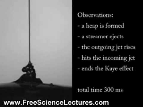 www.FreeScienceLectures.com Scientists of the University of Twente in The Netherlands won a prestigious place in the 'Hall of Fame' of videos about fluid-in-motion. They have made a video of leaping shampoo, in which they explain the so-called Kaye effect. A. Kaye in Nature magazine in 1963 wrote "I can offer no explanation for this behaviour." At high-speed recording of 1000 frames per second the following observations were made in 300ms interval 1) a heap is formed, 2) a streamer ejects, 3) the outgoing jet rises, 4) hits the incoming jet, 5) ends the Kaye effect. What causes the Kaye effect? Streamer ejects through shear-thinning property of fluid. A dimple is formed in the viscous heap. Outgoing jet is thicker quantitatively following continuity. The dimple deepens through a vertical force acting on the viscous heap and the jet rises. The scientists set up a simple energy balance model. It includes viscous dissipation and the sear-thinning behavior of the shampoo in the dimple structure. Elastic properties of the fluid play no role. The model predicts the leap height of the shampoo as a function of the release height. It even predicts a critical release height as observed in experiment. (For details see: JSTAT / 2006 / P07007) To prevent the outgoing jet from interfering with the incoming jet the surface was tilted, leading to a stable Kaye effect cascade. Leaping shampoo may even act as a light guide for laser beams in multitude of colors. The people who worked on <b>...</b>