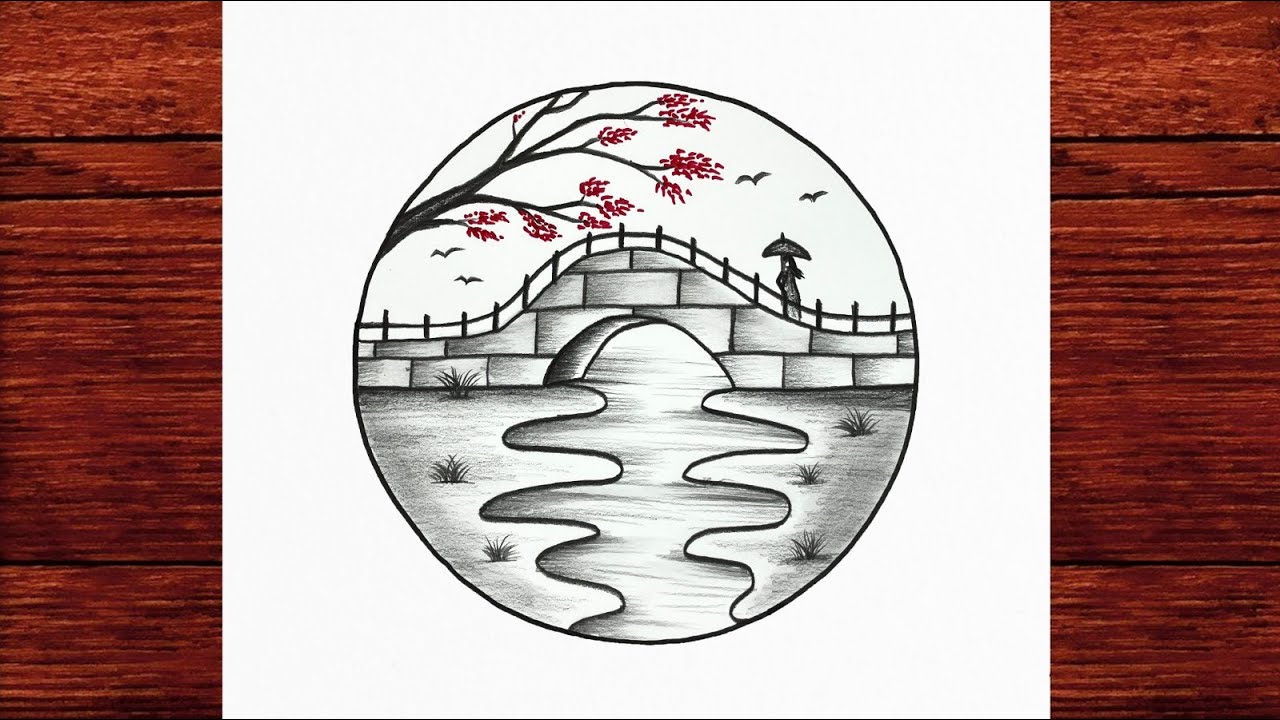 How to Draw a Peaceful Japanese Bridge Landscape | Easy Circle Art ...