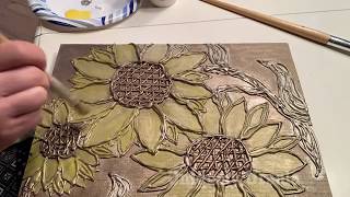 Sunflower Mixed Media Time Lapse using Hot Glue, Gesso, and Acrylic Paint on Wood