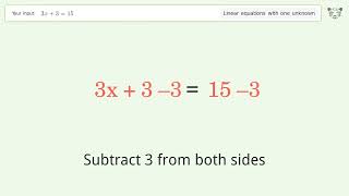 Linear equation with one unknown: Solve 3x+3=15 step-by-step solution