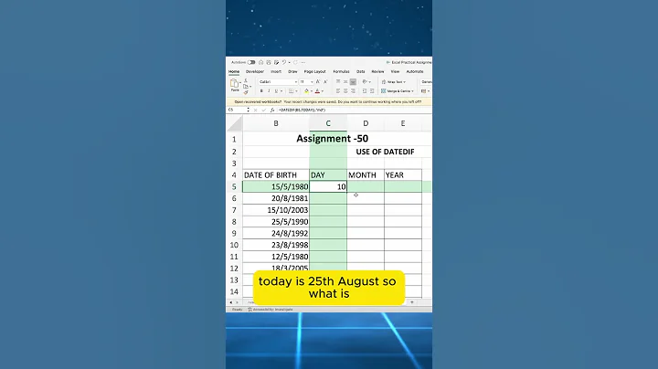 DATEDIF Formula in excel | Excel function #shorts #excel