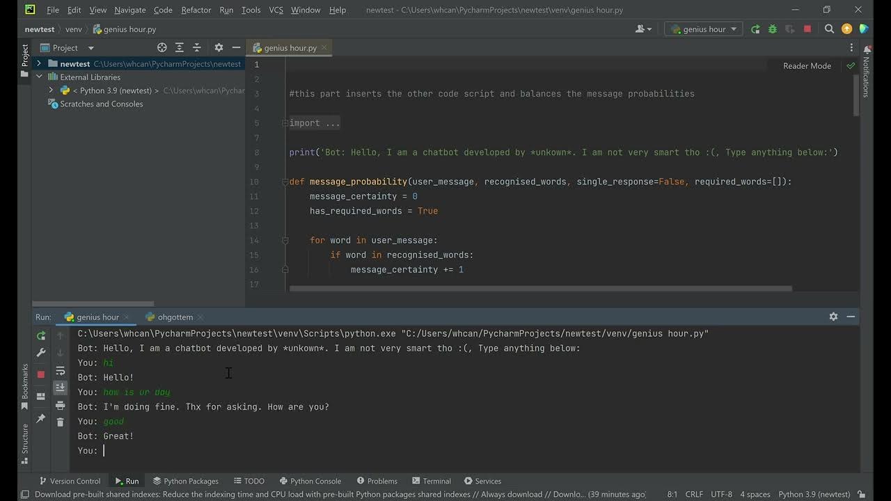 Checking out a Chatbot on PyCharm - YouTube